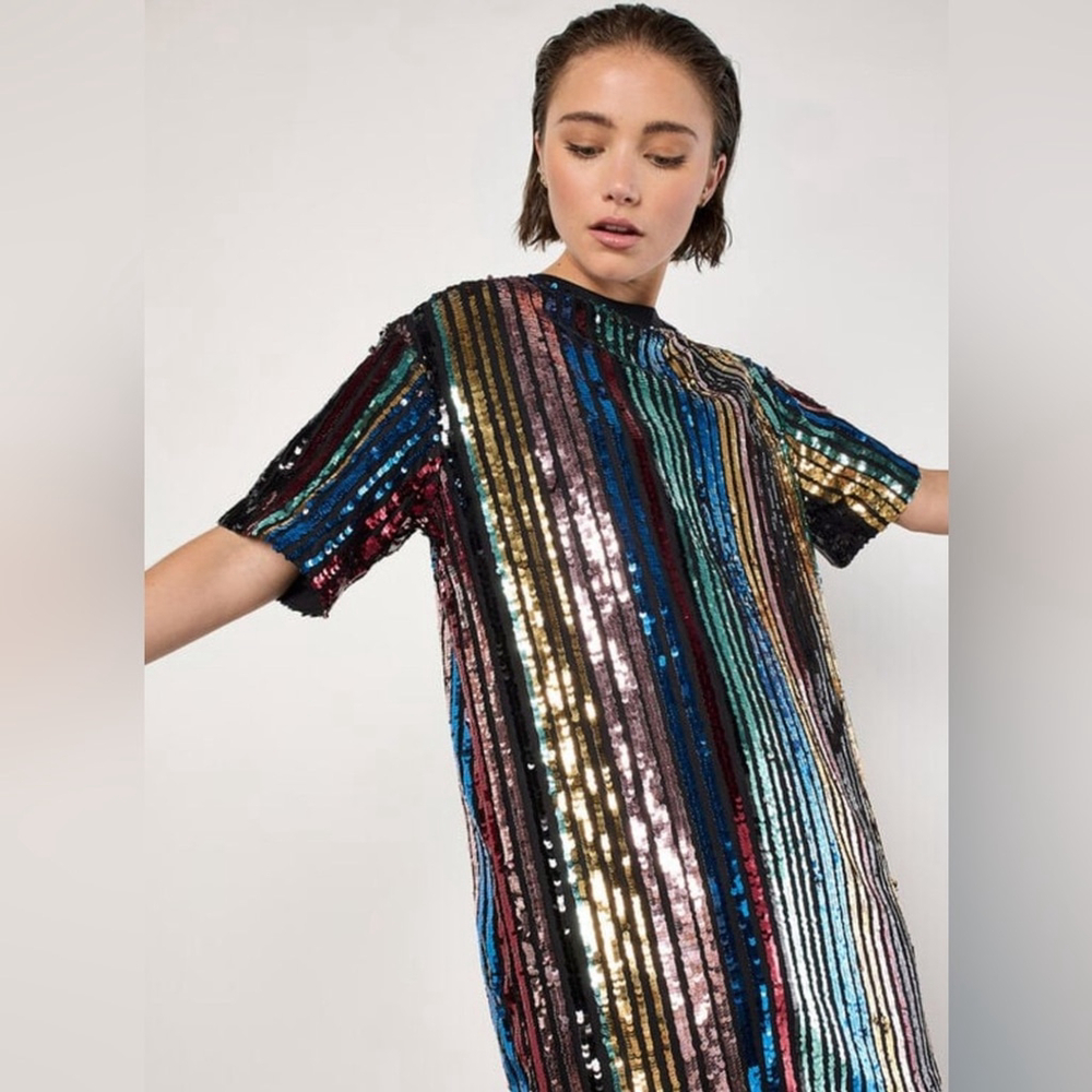 Apricot - Rainbow Sequin Stripe Dress
